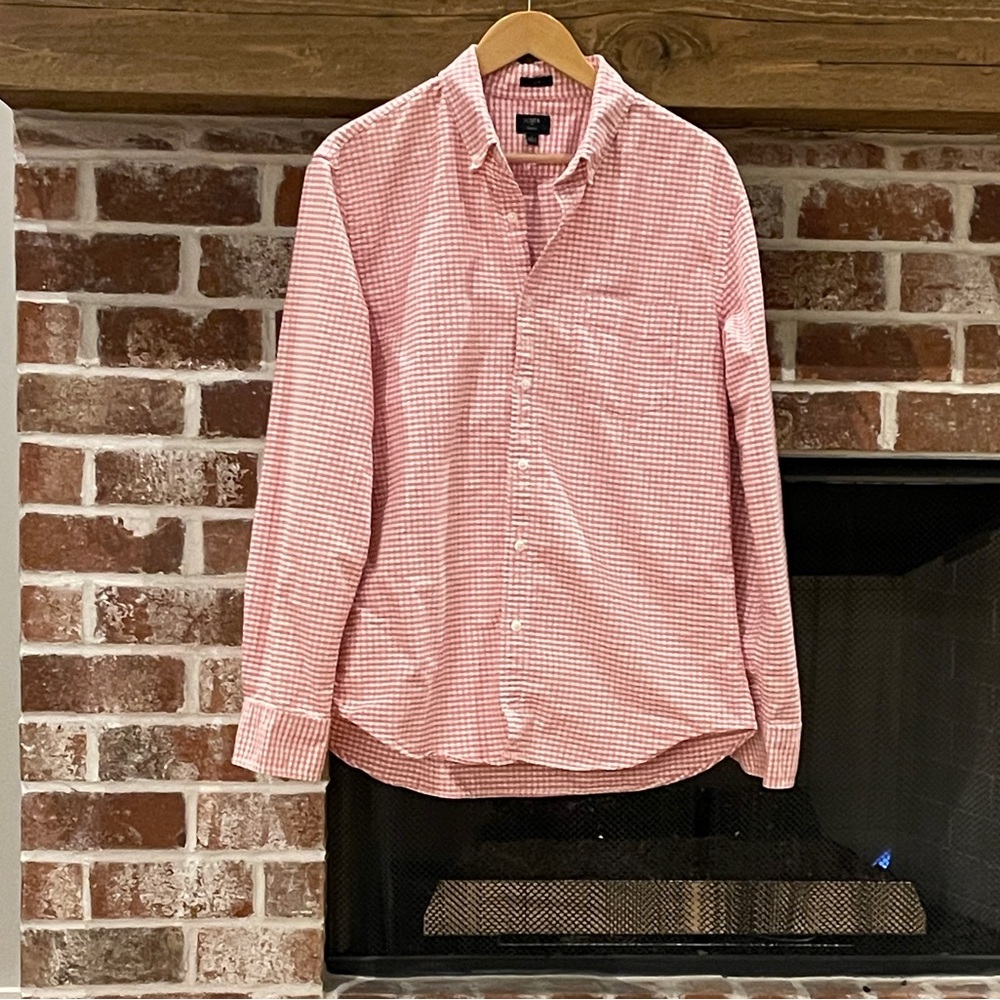 J. Crew Men's pink gingham Checkered Oxford button up Shirt size L